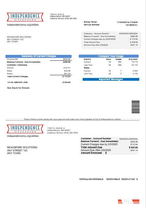USA Missouri Independence Utilities business utility bill template in Word and PDF formats